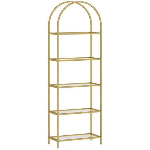 HOMCOM Raft de Depozitare Arcuit cu 5 Nivele din Oțel și Sticlă Securizată, 60x30x175 cm, Auriu | Aosom Romania