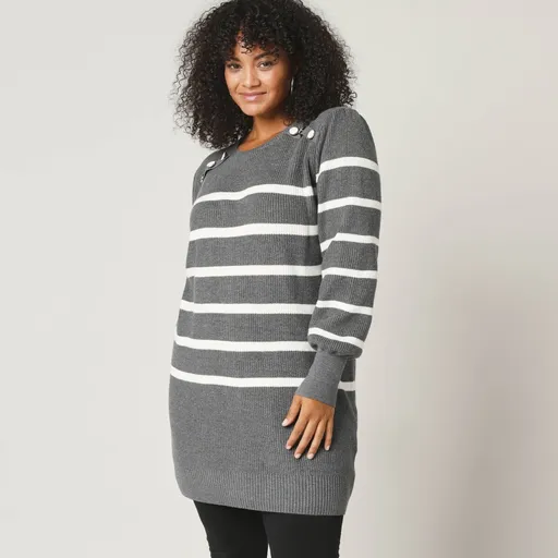 Pulover tunică în dungi cu nasturi decorativi