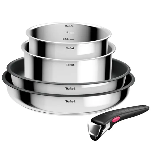 Set de tigaii si cratite Tefal L881S504, 5 piese, Otel inoxidabil, Acoperire antiaderenta din titan, Rezistente la cuptor pana la 250°C, Maner detasab