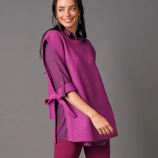 Vestă lungă din tricot neted, cu legături pe laterale, atingere mohair