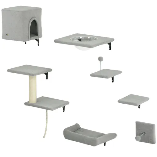 PawHut Perete de cățărat pentru pisici 7 piese set de cățărat pentru pisici cu cușcă, platformă, platformă Gri | Aosom Romania