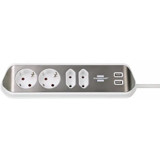 Prelungitor pentru perete/colt Brennenstuhl Estilo 4 prize, 2 USB, 3.1 A, 2m inox, adeziv inclus, argintiu-alb 1153590420