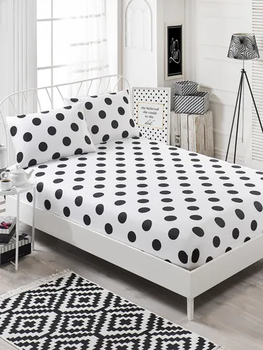 Set de pat dublu (cearceaf cu elastic si perne) 3 piese, L'essentiel Maison, Point, 65% bumbac/35% poliester, Alb/Negru