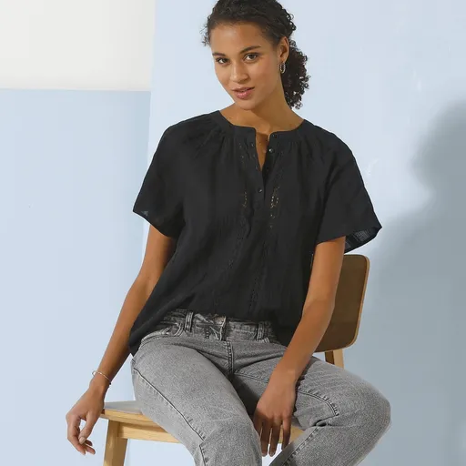 Bluză de culoare solidă cu mâneci scurte și dungi macramé