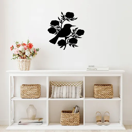 Decoratiune de perete, Rose And Bird, Dimensiune: 67 x 70 cm, Negru