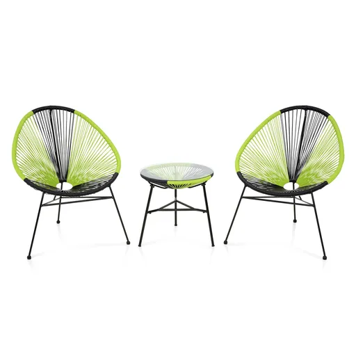 Set 2 fotolii si masuta pentru gradina/terasa, Corfu, otel, verde/negru