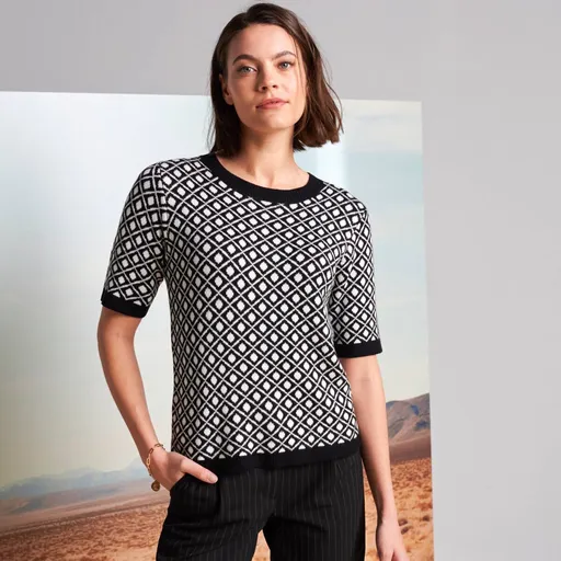 Tricou tricotat cu mânecă scurtă și model jacquard