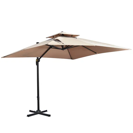 Outsunny Umbrela de Soare pentru Gradina 295x295cm Pivotanta la 360° cu Manivela, Umbrela de Soare cu brat cu Inclinare Reglabila, Kaki si Negru | Aos