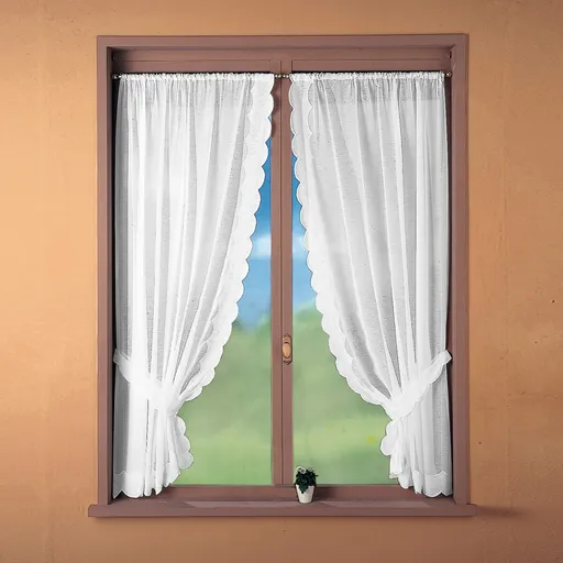 pereche de perdele cu broderie Cornely și o agrafă asortată, care se înșurubează peste o tijă de perdea