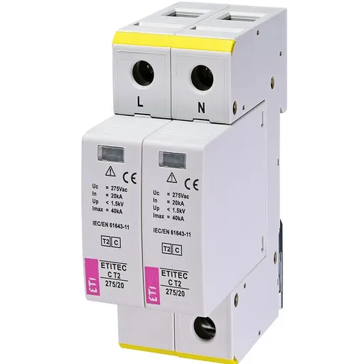 Descarcator la supratensiune ETI, 2+0, debrosabil fara semnalizare, 2P, tip C, 275VAC Eti 002440397