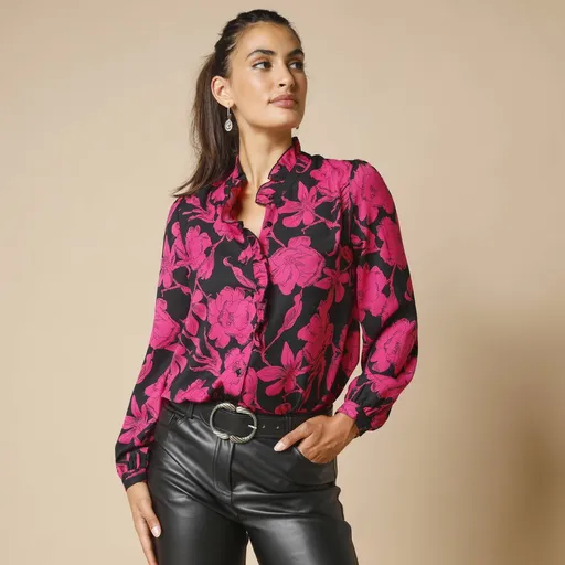 Bluză cămașă cu imprimeu și volane