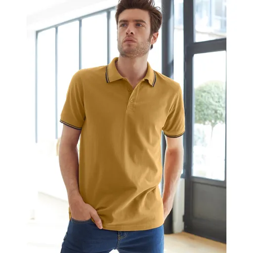 Tricou polo din piqué cu mânecă scurtă și dungi pe mâneci și guler