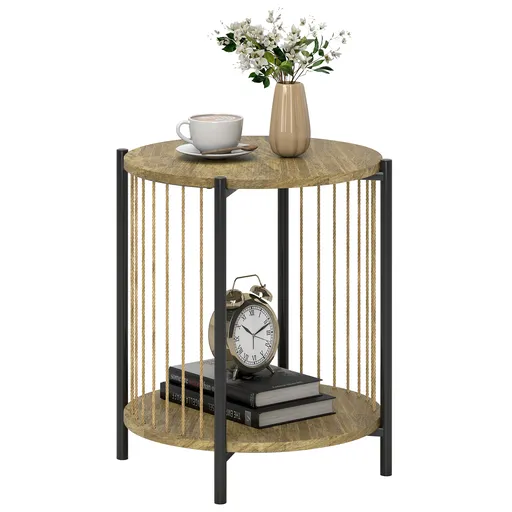 HOMCOM Masă Auxiliară Rotundă de 2 Nivele cu Raft și Structură de Oțel pentru Sufragerie Dormitor 43,5x43,5x51 cm Lemn Natural | Aosom Romania