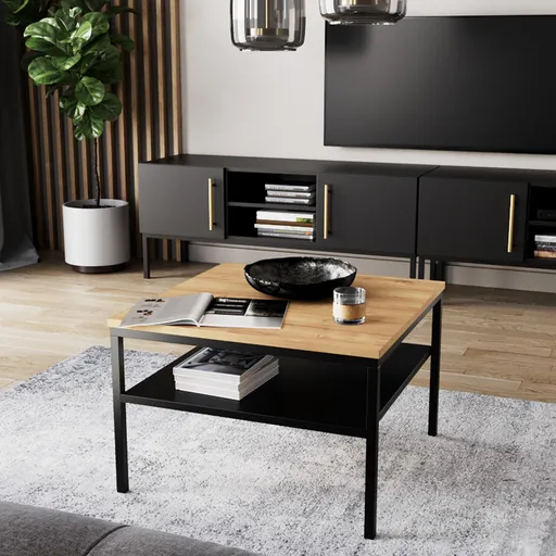 Masuta de cafea ELTAP, Lanzzi, 60x60x40 cm, metal/MDF laminat, negru/stejar