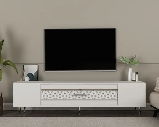 Comoda TV, Hanah Home, Dekolp2, 150x48.2x35 cm, Alb / Argintiu