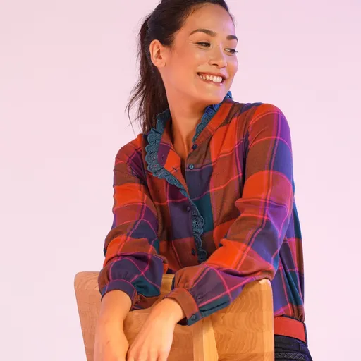 Cămașă din flanelă cu imprimeu în carouri și dantelă