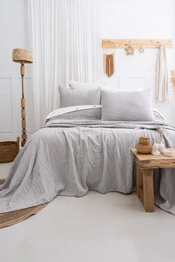 Set cuvertura de pat dubla 3 piese, L'essentiel Maison, Janna, Bumbac, Gri deschis