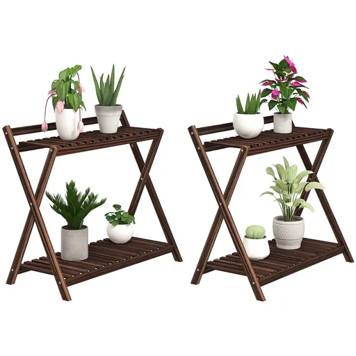 Outsunny Set de 2 Suporturi pentru Plante cu 2 Niveluri, 73x36x64 cm, Maro | Aosom Romania
