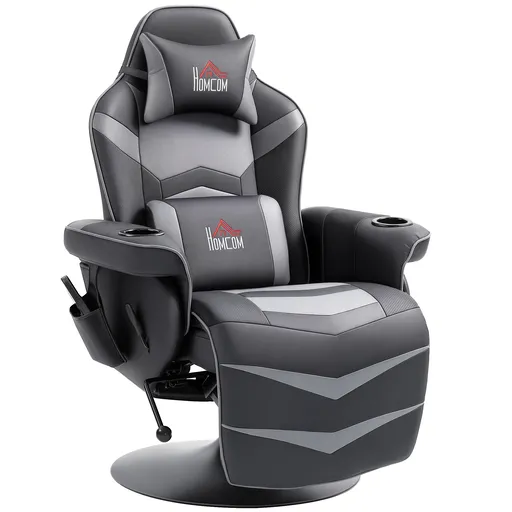 HOMCOM Fotoliu de gaming, funcție de masaj, spătar reglabil, suport pentru picioare, până la 120 kg, cadru din oțel, piele ecologică, Gri | Aosom Roma