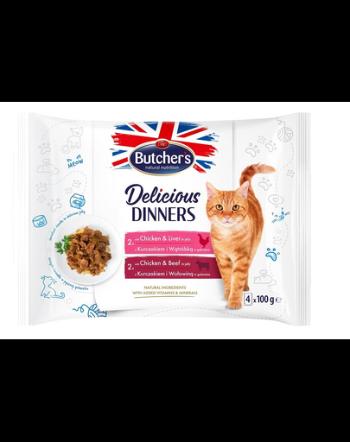 BUTCHER'S Delicious Dinners hrana pisica, bucati carne gelatina in aspic 4x100g cu pui si ficat, cu pui si vita