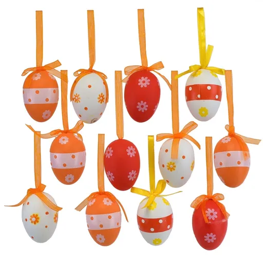 Ouă pictate manual cu fundă în pungă, 12 bucăți,înălțime 6 cm