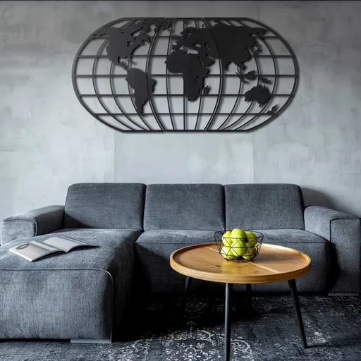 Decoratiune de perete, World Map Globe, Dimensiune: 60 x 120 cm, Negru