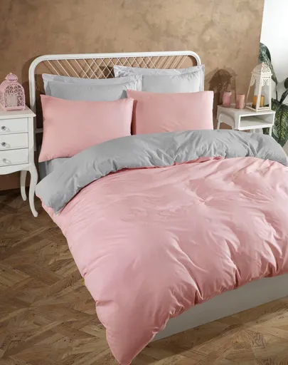 Lenjerie de pat dubla, L'essentiel Maison, Solid, 65% bumbac/35% poliester, Pulbere / Gri