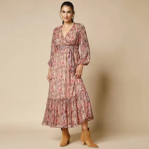 Rochie lungă cu decolteu încrucișat, voal imprimat