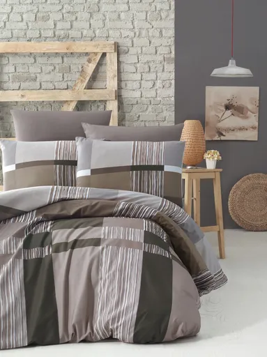 Lenjerie de pat dubla King (EU) Estela - Brown, Victoria, 3 piese, 260x220 cm, bumbac ranforce, multicolor