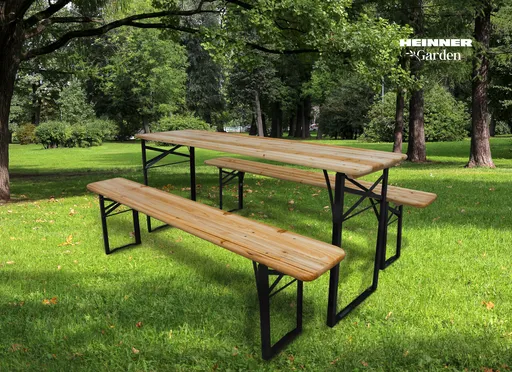 Set camping/picnic Heinner, 167x46x75 cm/167x23x45 cm, pliabil, otel/lemn, natur/negru