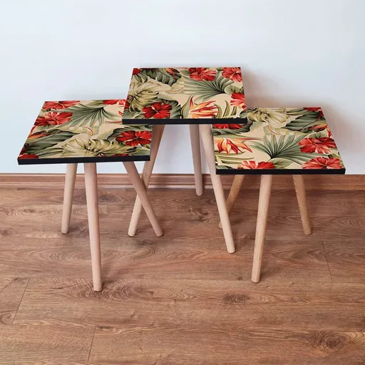 Set masute 3 piese, Hanah Home, 3Shp205, Bej / Roșu / Verde