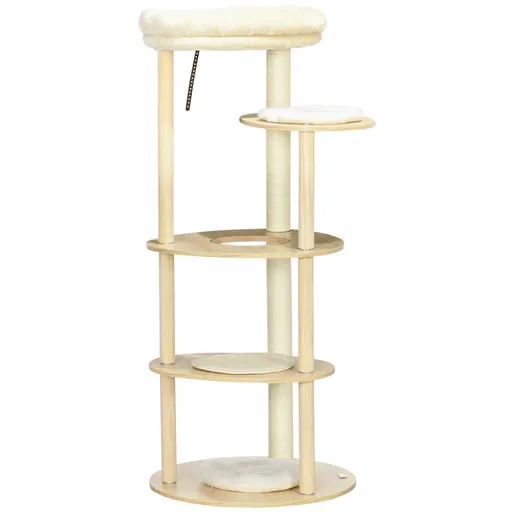 PawHut Ansamblu Multifuncțional pentru Pisici din PAL și Lemn cu Stâlp de Zgâriat din Sisal, Pat de Pluș, Ø54x123.5 cm, Stejar | Aosom Romania