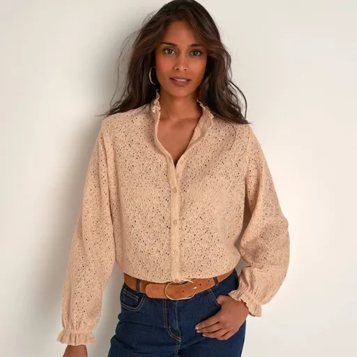 Bluză din dantelă cu guler ridicat și volane