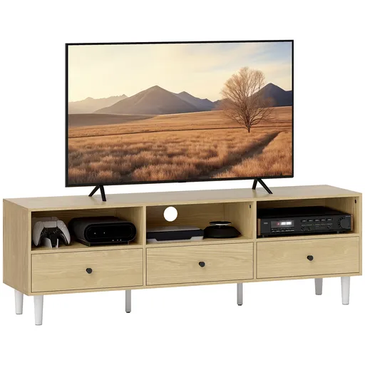HOMCOM Mobilier TV pentru până la 75", cu 3 sertare, 3 rafturi deschise și canal pentru cabluri, 140 x 34 x 45 cm, lemn natural | Aosom Romania