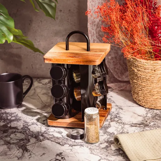Set 12 recipiente pentru condimente si suport Lenne, Homla, 16x16x28 cm, sticla/lemn/inox, negru/maro