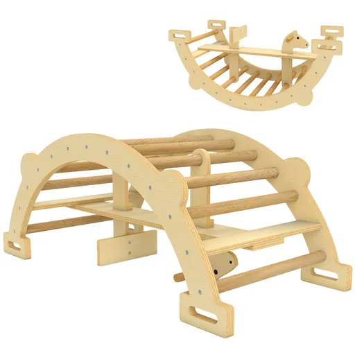 AIYAPLAY Arc Montessori din Lemn pentru Copii 2-4 Ani, Convertibil în Balansoar, Joc de Cățărare, 110x52x45 cm, culoare Lemn | Aosom Romania