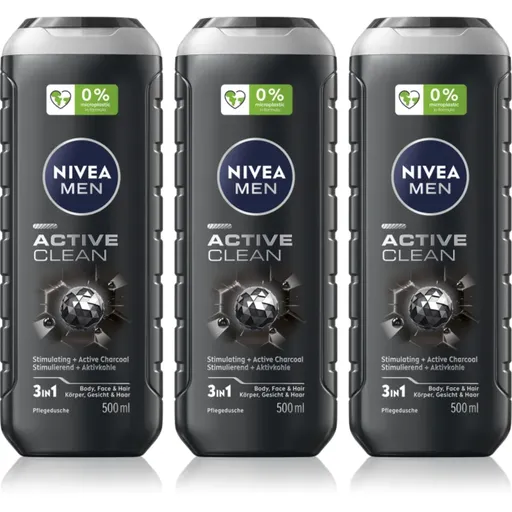 NIVEA MEN Active Clean Gel de duș pentru bărbați ambalaj economic 3 x 500 ml