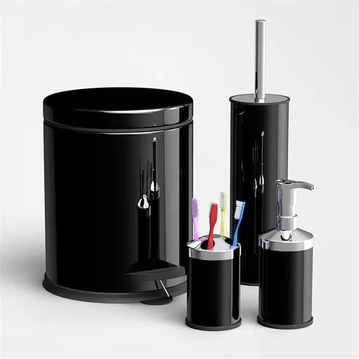 Set baie Vinoks 652400, Cos 5 L, Perie, Dozator de sapun, Cana, Negru