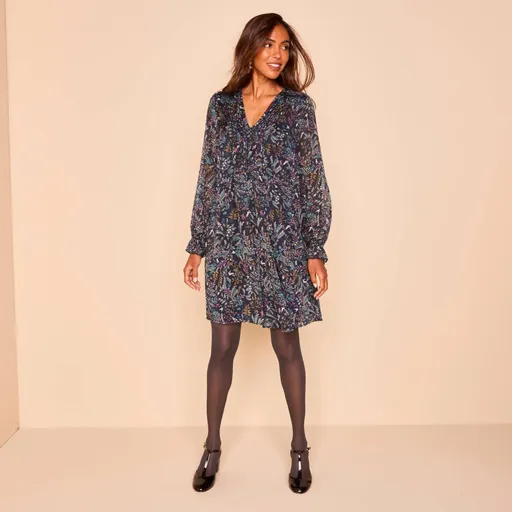 Rochie cu falduri decorative și imprimeu cu frunze