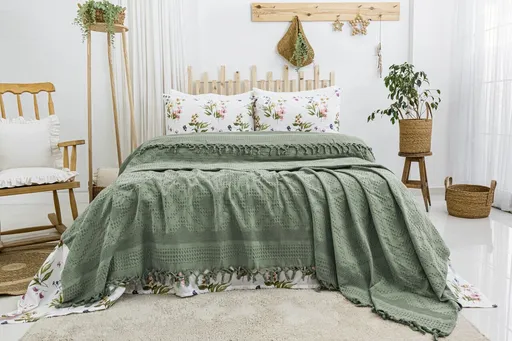 Set cuvertura pique dubla, L'essentiel Maison, Viola, Bumbac, Verde