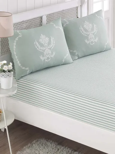 Set de pat dublu (cearceaf cu elastic si perne) 3 piese, L'essentiel Maison, Pure, 65% bumbac/35% poliester, Verde menta