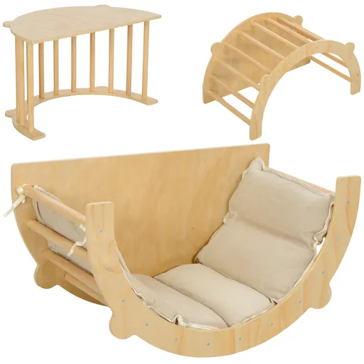 AIYAPLAY Arc Montessori 3 în 1 pentru Copii de 18-48 Luni, Structură de Cățărare, Măsuță și Balansoar cu Pernă | Aosom Romania