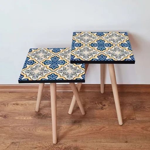 Set masute 2 piese, Hanah Home, 2Shp38, Bleumarin / Galben / Alb