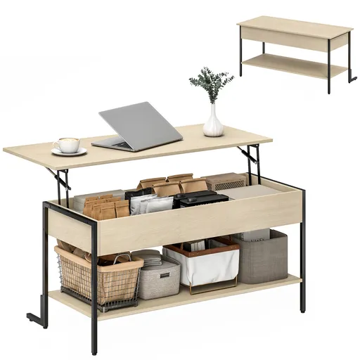 HOMCOM Masă de cafea cu blat extensibil, masă de cafea cu compartiment ascuns și raft deschis, 95x40x59cm, lemn natural | Aosom Romania