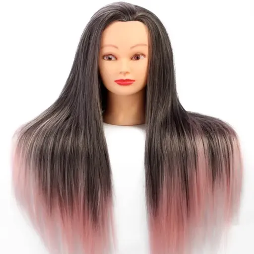 Manechin cu Par Colorat (Brunet + Roz) H1-6F, 50% Natural 65 cm + Suport Prindere