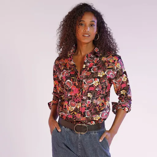 Cămașă cu nasturi și imprimeu floral, poliester reciclat