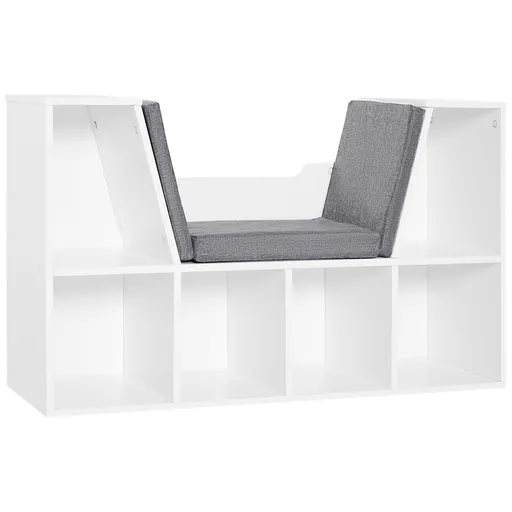 HOMCOM Bibliotecă Bancă 2 în 1 Design Contemporan 6 compartimente 3 Perne incluse 102L x 30l x 61H cm Alb Gri chinuit | Aosom Romania