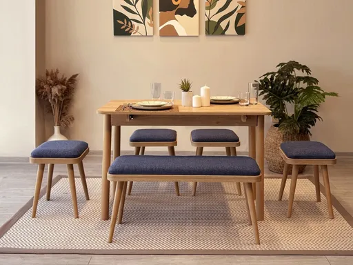 Set masa extensibila si scaune, Hanah Home, Vina Mini 06 1048, Stejar / Albastru închis