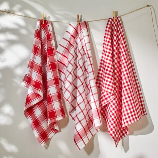 Set de 3 prosoape de bucătărie cu imprimeu în carouri, fibre vopsite, roșu
