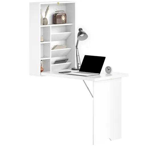 HOMCOM Birou pliabil de perete, masă de perete pliabilă cu rafturi pentru living, sufragerie, birou, 93,8 x 60 x 147 cm, alb | Aosom Romania